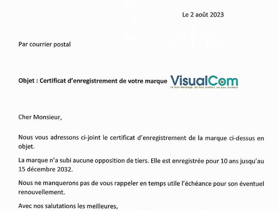 Courrier anonçant l'enregistrement du certificat...